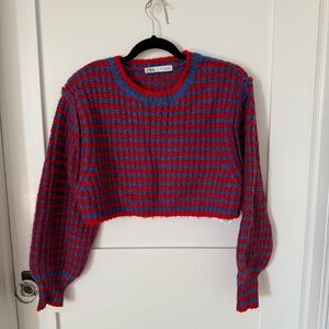 Zara Vibrant Red and Blue sweater Knit crop top Top with bubble sleeves